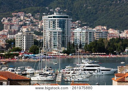 Budva, Montenegro, July 30, 2018: The Budva Riviera Is A 35 Km Long Strip Of The Adriatic Coast Surr