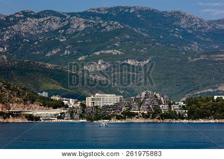 Budva, Montenegro, July 30, 2018: The Budva Riviera Is A 35 Km Long Strip Of The Adriatic Coast Surr