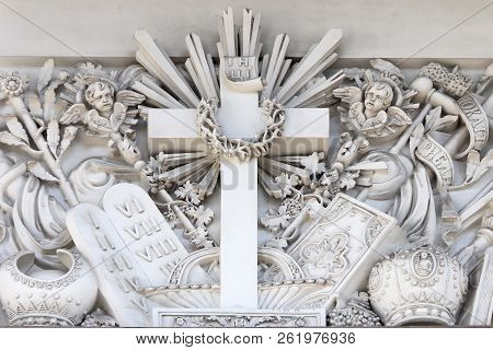 Art Stucco On The Facade Of The Main Entrance. Trinity Izmailovsky Cathedral. Cathedral Of The Holy 