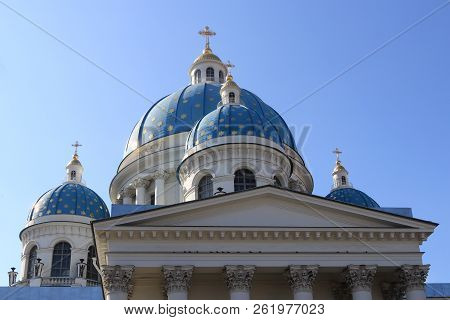 Facade With Blue Domes & Crosses. Trinity Izmailovsky Cathedral. Cathedral Of The Holy Life-giving T