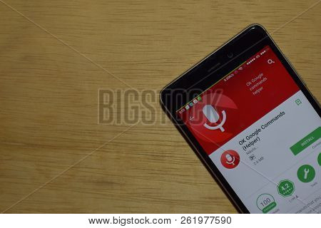 Bekasi, West Java, Indonesia. October 9, 2018 : Ok Google Commands (helper) Dev App On Smartphone Sc