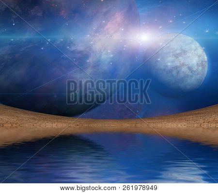 Planets reflected in water surface. 3D rendering