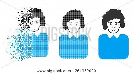 Bureaucrat Lady Icon With Face In Dispersed, Dotted Halftone And Undamaged Solid Versions. Fragments