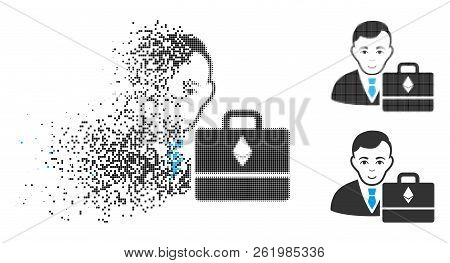 Ethereum Accounter Icon With Face In Dissolved, Pixelated Halftone And Undamaged Whole Variants. Poi