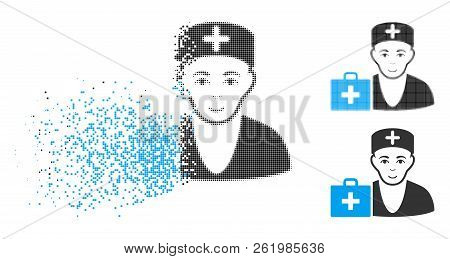 First-aid Doctor Icon With Face In Fractured, Dotted Halftone And Undamaged Solid Versions. Fragment