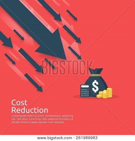 Business Finance Crisis Concept. Stack Pile Coins And Money Bag Icon. Arrow Decrease Economy Stretch