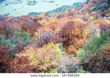 Colorful Autumn Forest Bellow Kecka Hill In Sulovske Skaly Mountains In Slovakia