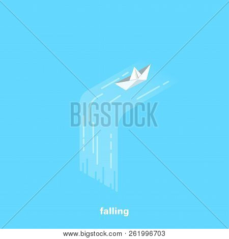 Paper Boat Floats Downstream To The Waterfall, Isometric Image