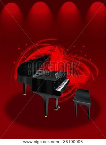 Un bellissimo pianoforte sul palco del teatro elegante rosso