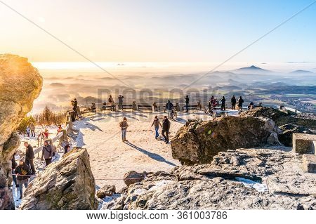 Liberec, Czech Republic - January 2, 2020: Lookout Terrace At Jested Mountain Hotel. Sunny Winter Da