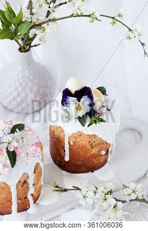 Selective Focus Two Easter Cake Kulich.traditional Easter Sweet Bread Decorated With Hare Ears And L