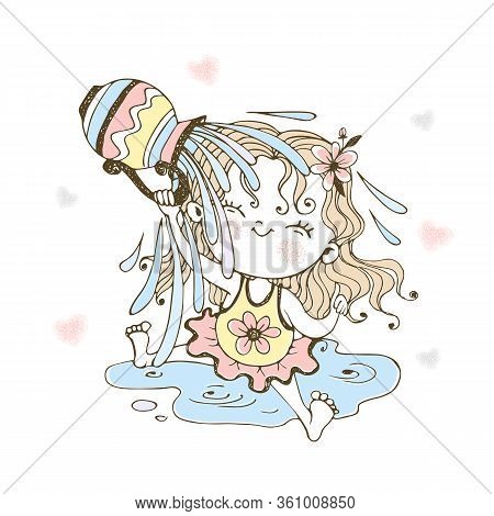 A Little Cute Girl Cheerfully Douses Herself With Water From A Jug. Vector