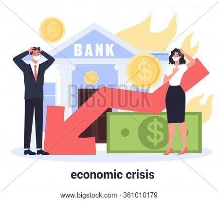 Economic Finance Crisis With Falling Down Graph And Money Decrease.