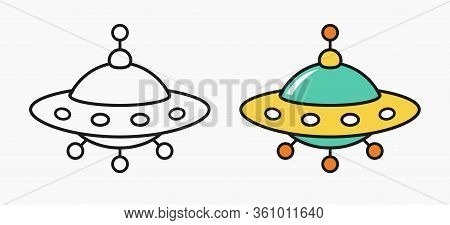 Ufo Icon, Unknow Flying Object Cartoon Linear Illustration For Children Coloring Book, Simple Line C