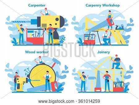 Woodworker Or Carpenter Concept Set. Builder Wearing Helmet And Overalls