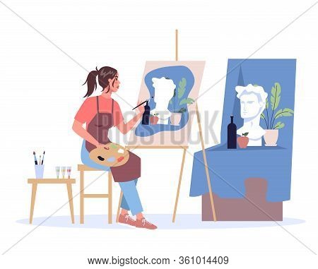 Woman Artist Sitting At The Easel And Painting. Young Painter