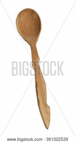 Wooden Spoon Isolated On A White Background. Old Kitchen Utensils, Cutlery.