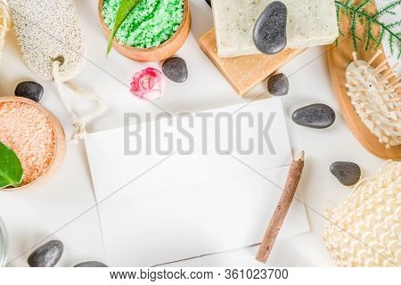 Bodycare Organic Cosmetics. Spa Setting With Basic Hygiene Treatment - Sea Salt, Washcloth And Natur