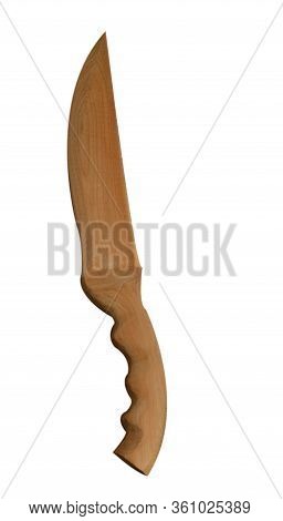 Wooden Knife Isolated On A White Background. Old Kitchen Utensils, Cutlery.