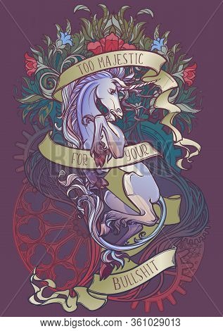 Colourfull And Intricate Drawing Of Hte Legendary Unicorn On A Decorative Flames And Plants Ornament