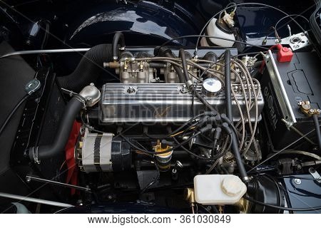 Usselo, Netherlands - October 21, 2018: View Of A Car Engine At An Exhibition Of Classical Cars