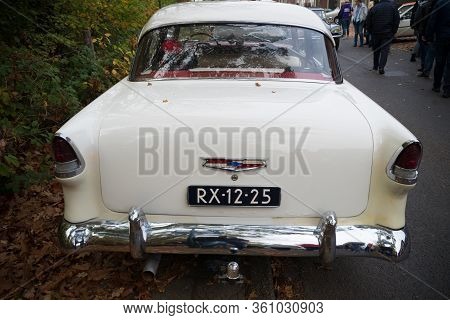 Usselo, Netherlands - October 21, 2018: Rear View Of A Classic 1955 Chevrolet 2103 6a At A Meeting O