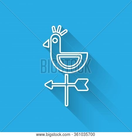 White Line Rooster Weather Vane Icon Isolated With Long Shadow. Weathercock Sign. Windvane Rooster. 