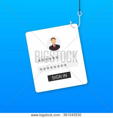 Data Phishing With Fishing Hook, Mobile Phone, Internet Security. Vector Stock Illustration.