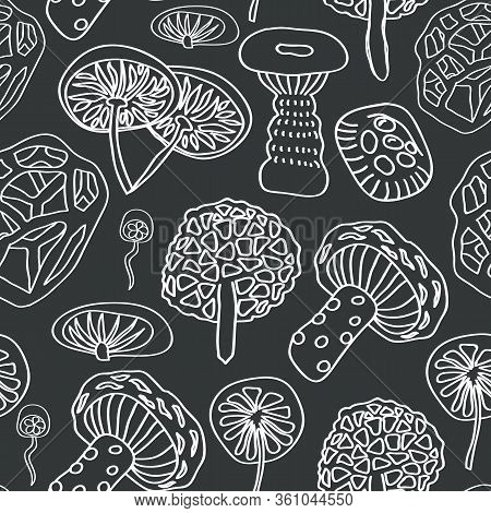 Vector Different Mushrooms White Silhouette On Grey Background. Perfect For Fabric Or Wallpaper.