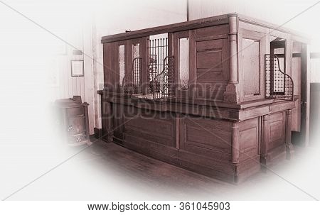 Molson Antique Bank In Molson, Washington Vintage Bank With An Old Wood Stove. Bank Teller Station T