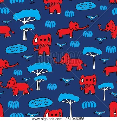 Vector Cute Seamless Hand Drawn Pattern With Red Elephants, Blue Birds, Lakes And Trees. Perfect For