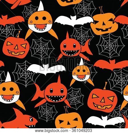Seamless Vector Baby Shark Halloween Pattern. Baby Shark, Pumpkin, Spider Web And Bats In Red, Orang