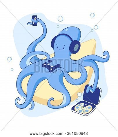 Cute Octopus Gamer Plays Videogame On Console At Home. Stay At Home.
