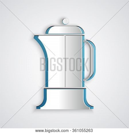 Paper Cut French Press Icon Isolated On Grey Background. Paper Art Style. Vector Illustration