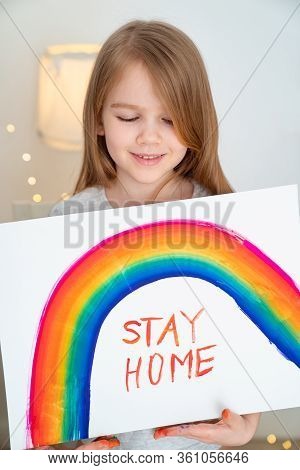 A Small Girl With Blond Hair Drew A Rainbow And A Poster Stay Home. Flashmob Chasetherainbow.