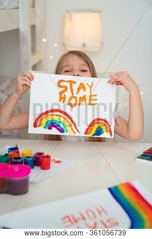 Kid With Blond Hair Drew A Rainbow And A Poster Stay Home. Flashmob Chasetherainbow.