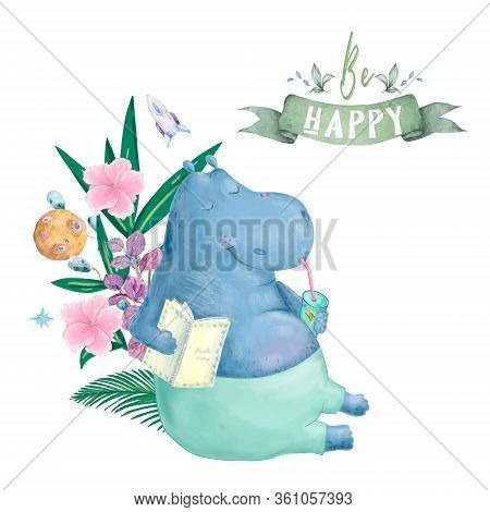 Hand Drawn Cute Isolated Tropical Summer Watercolor Hippo Animals. Two Hippopotamus Family Cartoon A