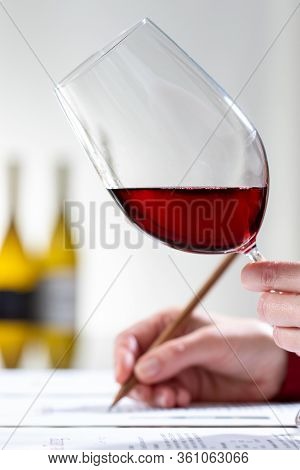 Close Up Vertical Shot Of Enologist Evaluating Red Wine Body And Color At Table.