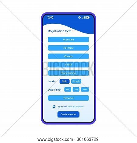 Registration Form Smartphone Interface Vector Template. Mobile Login Page Blue Design Layout. Sign U