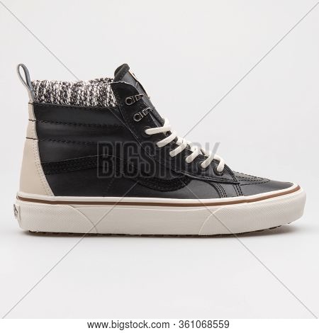 Vienna, Austria - August 22, 2017: Vans Sk8 High Mte Black And White Sneaker On White Background.