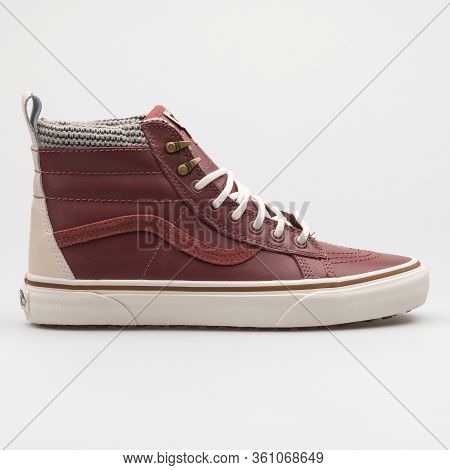 Vienna, Austria - August 22, 2017: Vans Sk8 High Mte Red Sneaker On White Background.