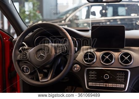 Russia, Izhevsk - February 20, 2020: Mercedes-benz Showroom. Interior Of New Modern Gla 250. Famous 