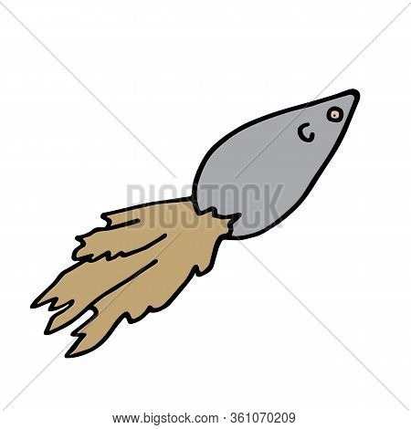 Grey Mouse Toy For Cats With Furry Tail. Hand Drawn Colored Outline Vector Illustration Isolated On 