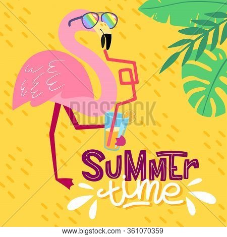 Tropical Concept With Pink Flamingos. Summer Design For Postcards, Posters, Fabrics, Prints. Modern 