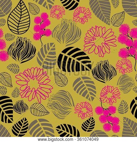 Vector Seamless Pattern, Blossom And Leaves, Pink, Beige, Black, Grey.