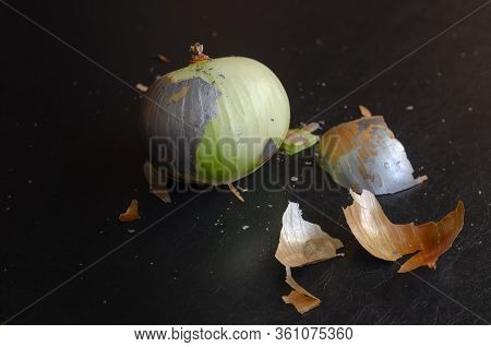 Bulb With Traces Of Paint On A Dark Background. Onion And Husk With Silver Paint Close-up. Half Peel
