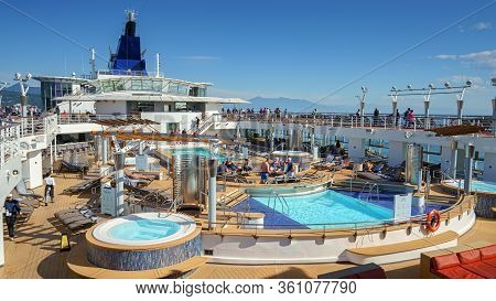 Shizuoka, Japan - Nov 07, 2019: Boat Deck View With People And Swimming Pool In Shimizu Port