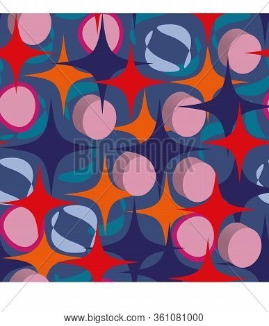 Stars And Ovals On A Phamtom Blue Background. Multicolored Seamless Pattern.