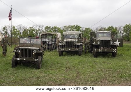 Kiev, Ukraine - May 9, 2019: Vehicles Of The Us Army Soldier Of The Second World War, Historical Rec
