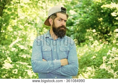 Men Belong Here. Hair Beard Care. Guy In Forest. Summer Camping. Serious Bearded Man. Mature Hipster